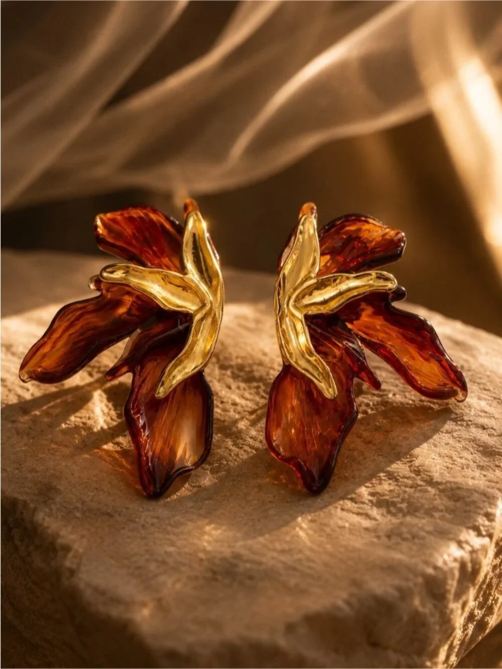 Gold tone and Amber Leaf Drop Earrings